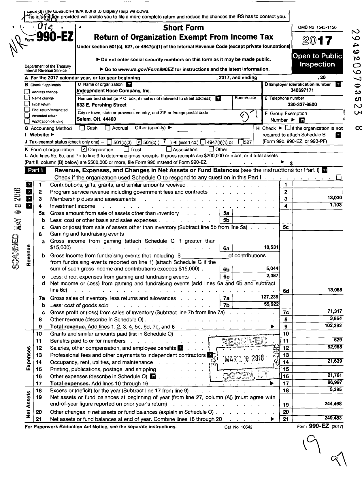 Image of first page of 2017 Form 990EO for Independent Hose Company