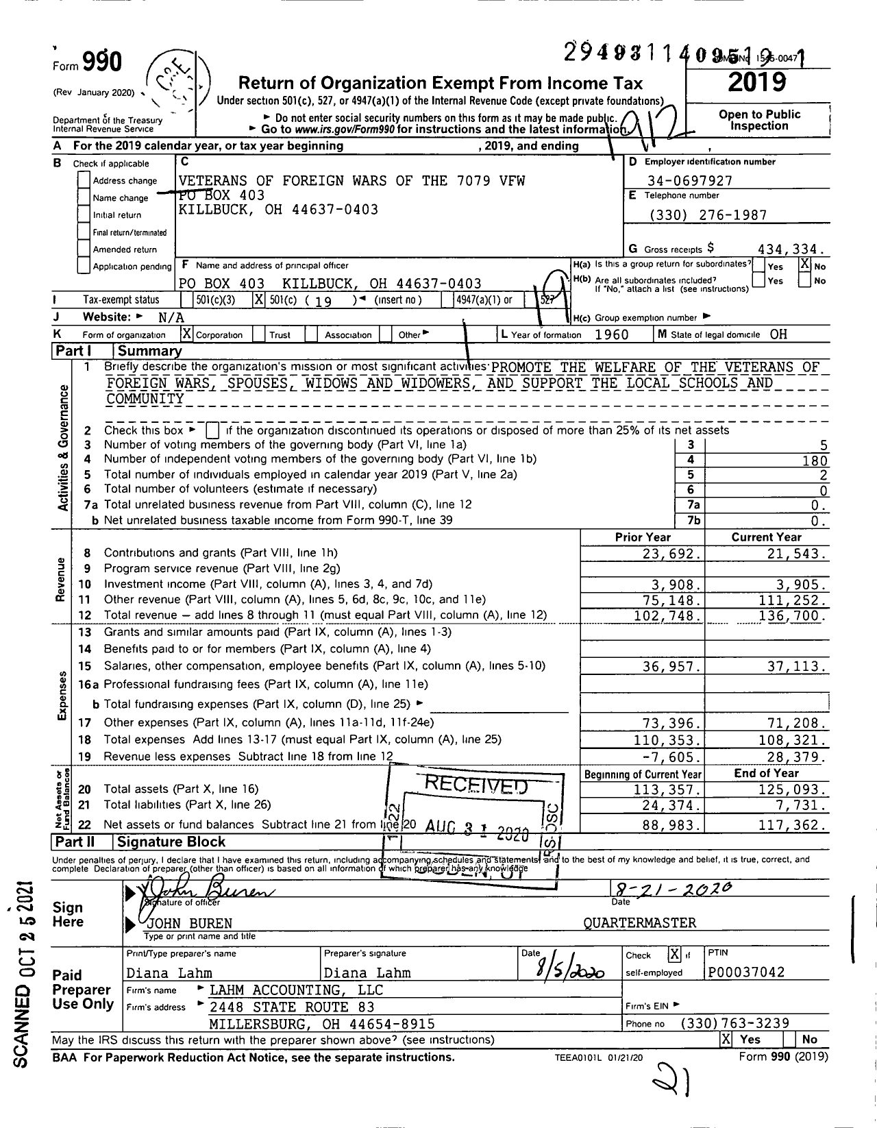 Image of first page of 2019 Form 990O for Ohio VFW - Veterans of Foreign Wars of the 7079 VFW