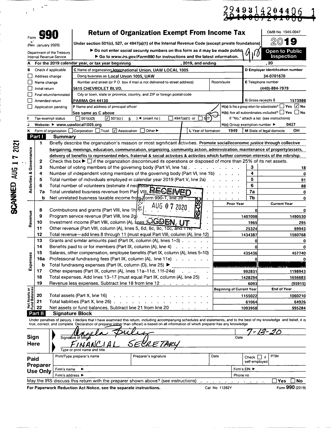 Image of first page of 2019 Form 990O for UAW - LOCAL Union 1005 UAW