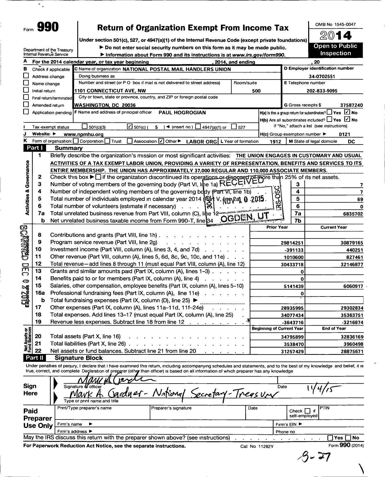 Image of first page of 2014 Form 990O for Laborers' International Union of North America - National Postal Mail Handlers Union (NPMHU)