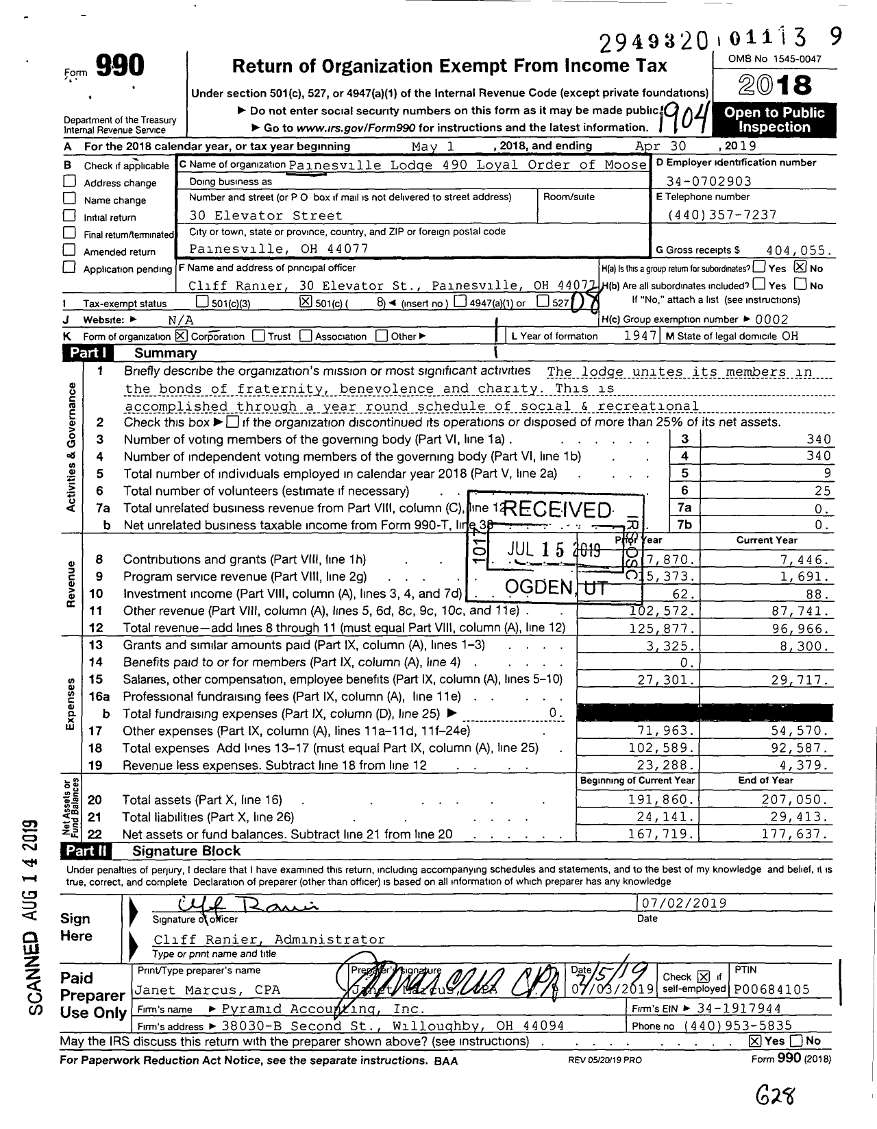 Image of first page of 2018 Form 990O for Loyal Order of Moose - 490