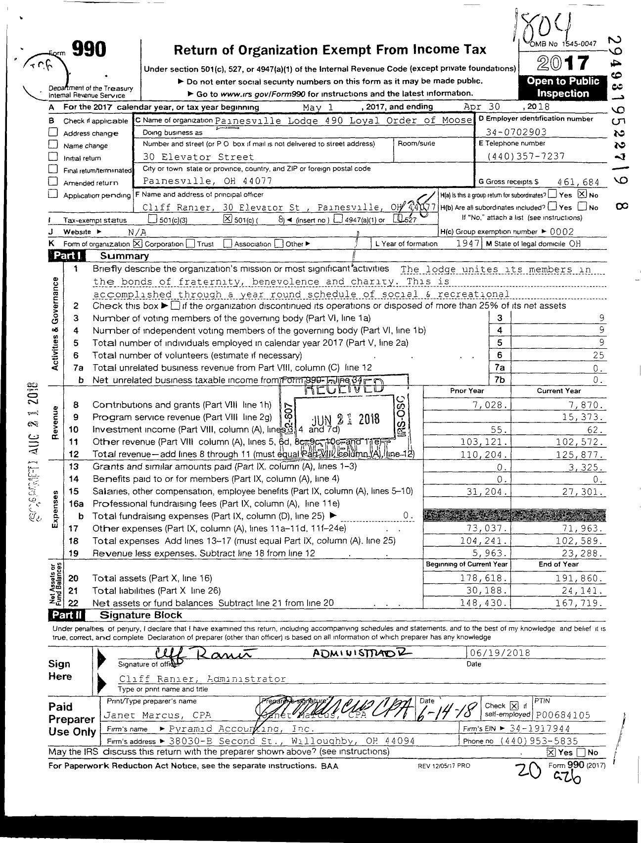 Image of first page of 2017 Form 990O for Loyal Order of Moose - 490