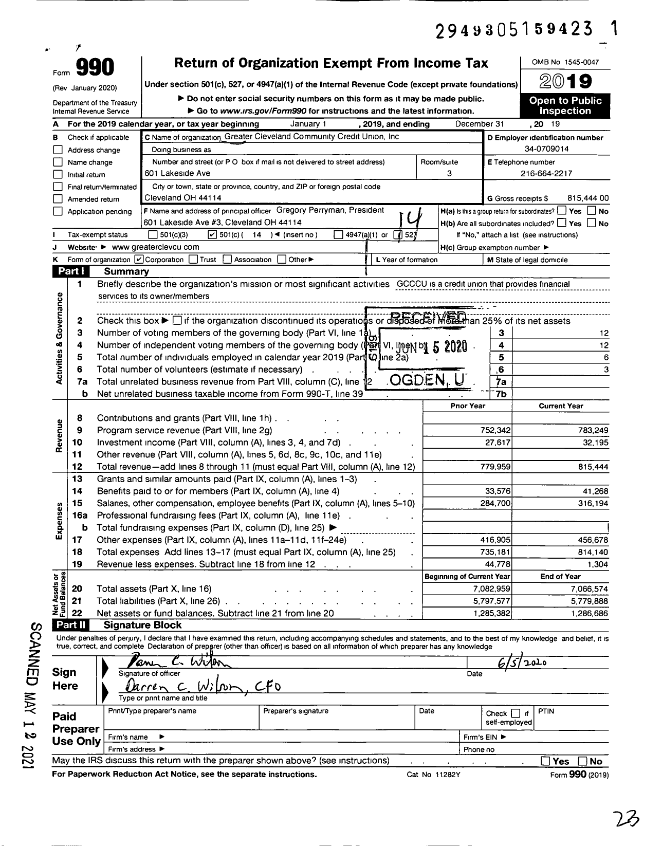 Image of first page of 2019 Form 990O for Greater Cleveland Community Credit Union