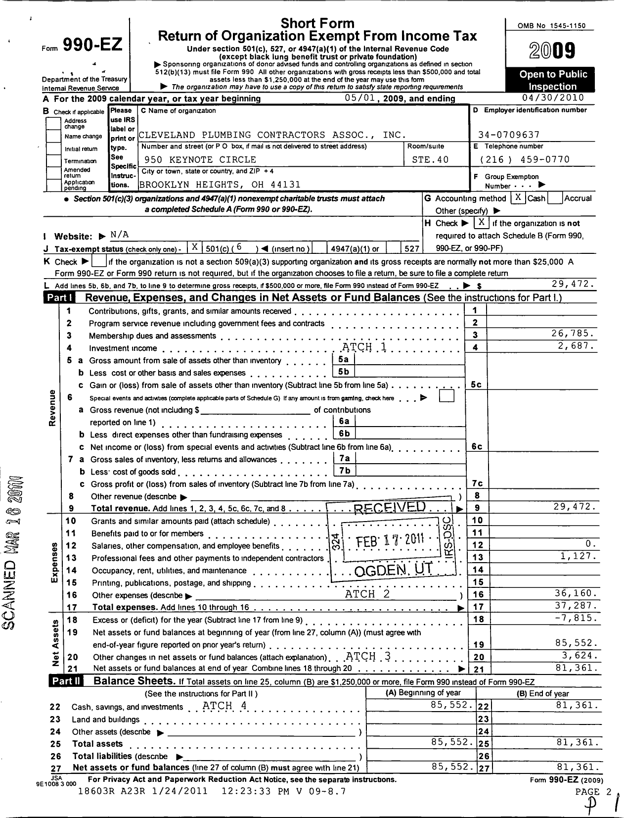 Image of first page of 2009 Form 990EO for Cleveland Plumbing Contractors Association