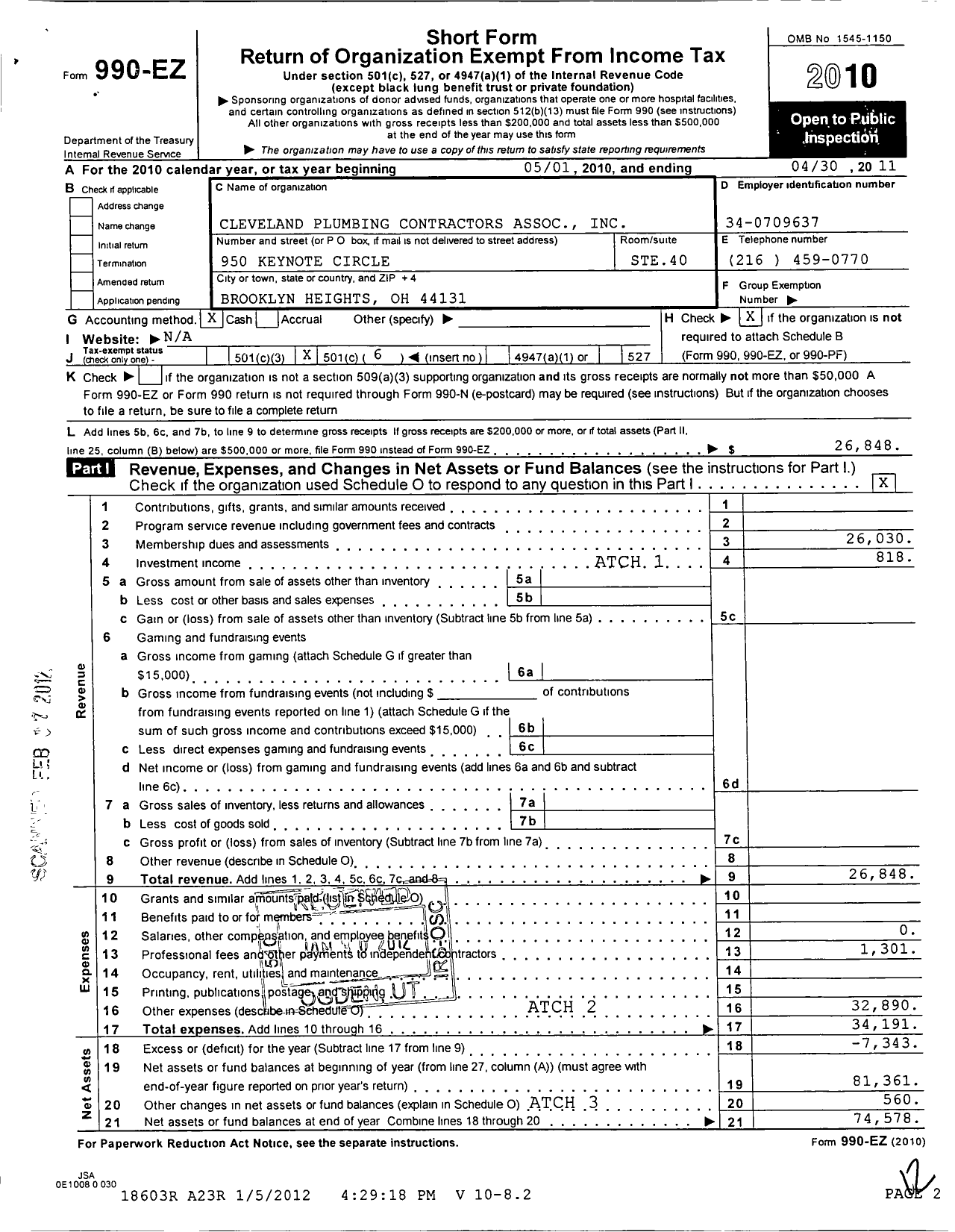 Image of first page of 2010 Form 990EO for Cleveland Plumbing Contractors Association