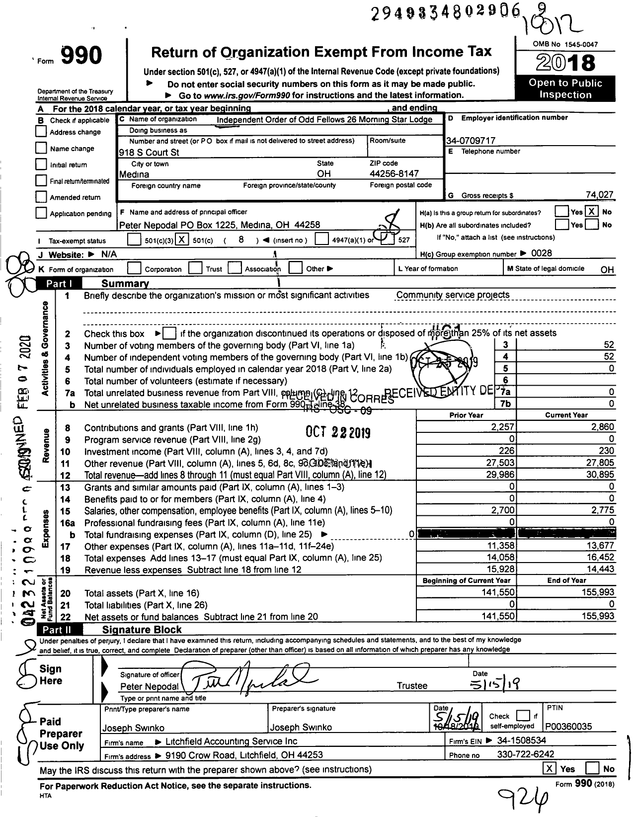 Image of first page of 2018 Form 990O for Independent Order of Odd Fellows - 26 Morinig Star Lodge