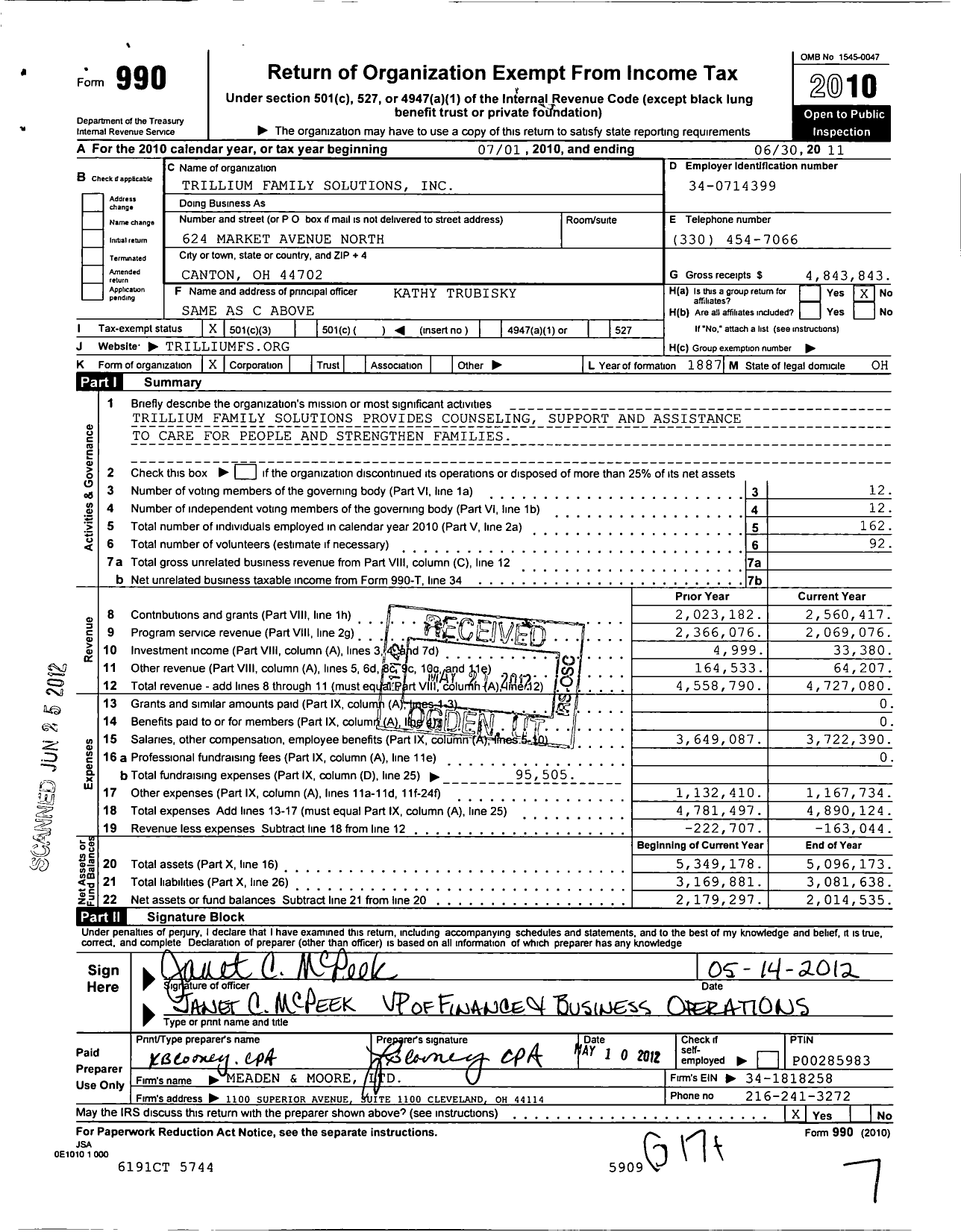 Image of first page of 2010 Form 990 for Trillium Family Solutions