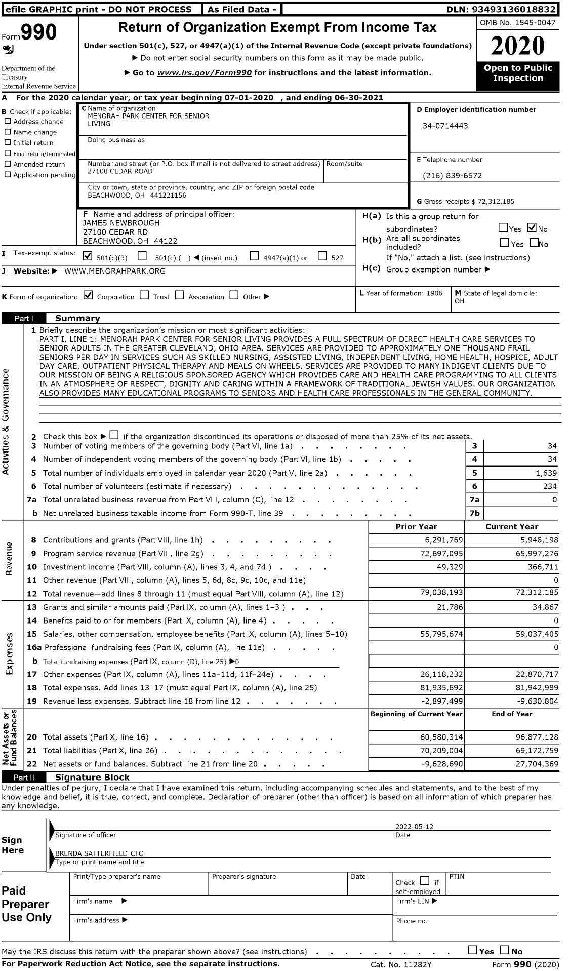 Image of first page of 2020 Form 990 for Menorah Park Center for Senior Living