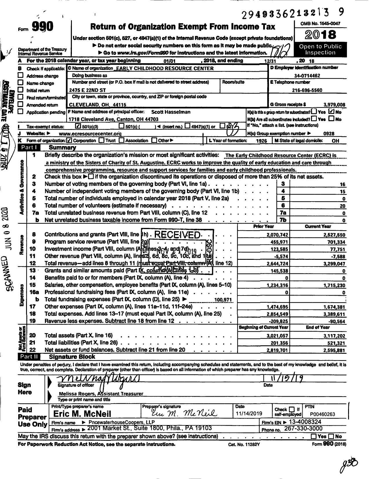 Image of first page of 2018 Form 990 for Early Childhood Resource Center