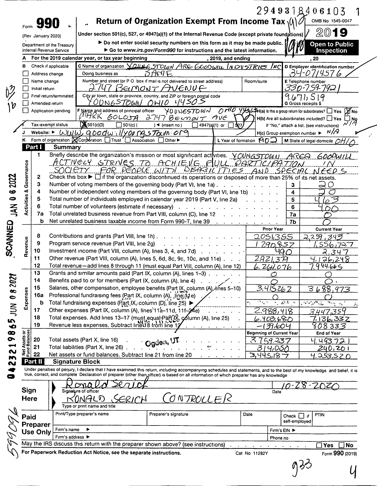 Image of first page of 2019 Form 990 for Youngstown Area Goodwill Industries