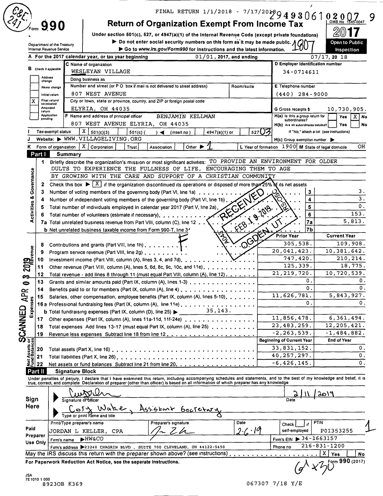 Image of first page of 2017 Form 990 for Wesleyan Village