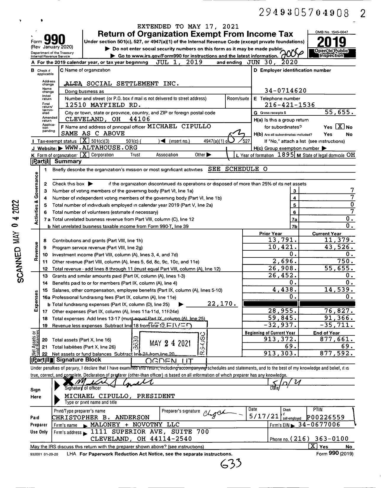 Image of first page of 2019 Form 990 for Alta Social Settlement