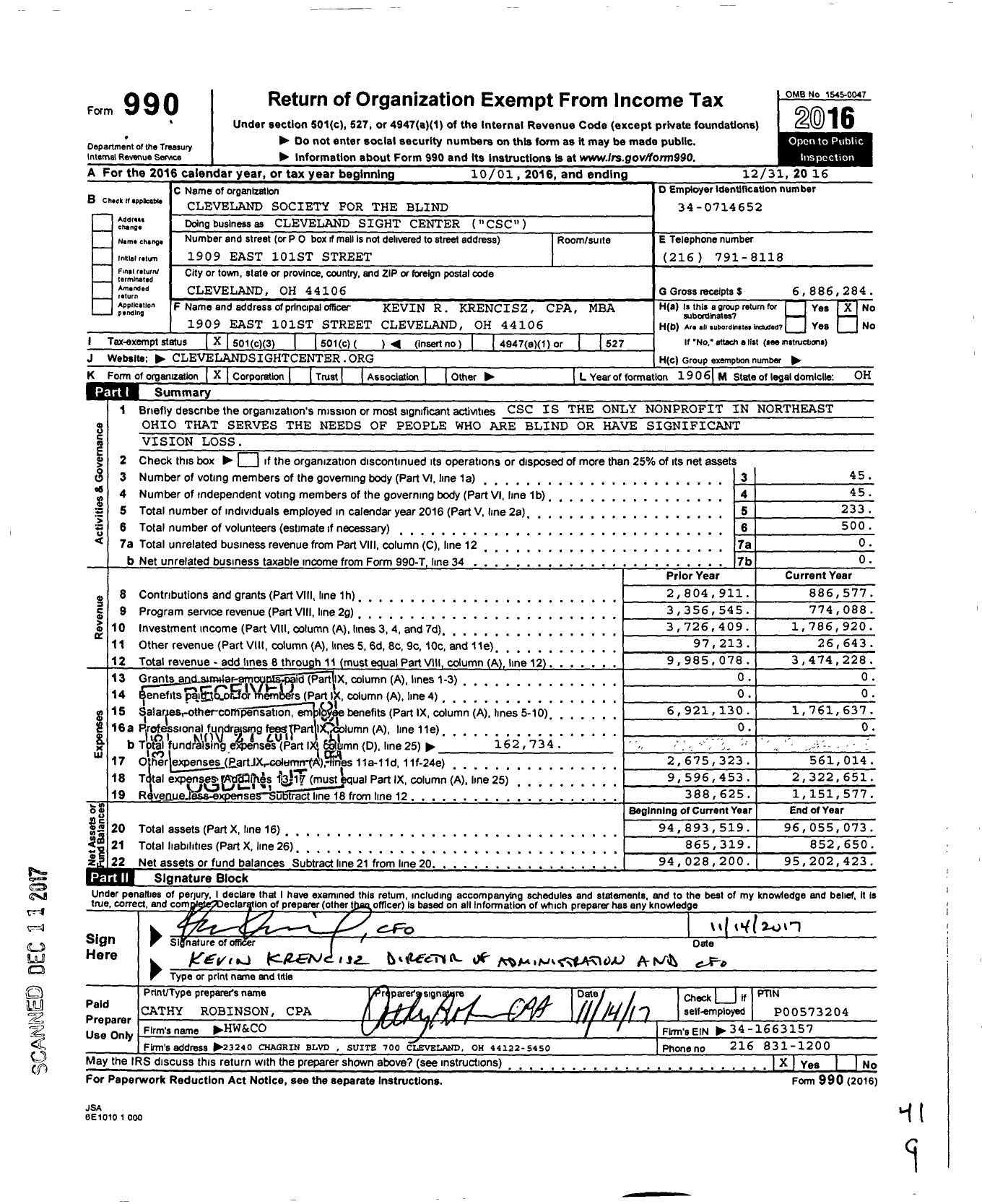 Image of first page of 2016 Form 990 for Cleveland Sight Center (CSC)