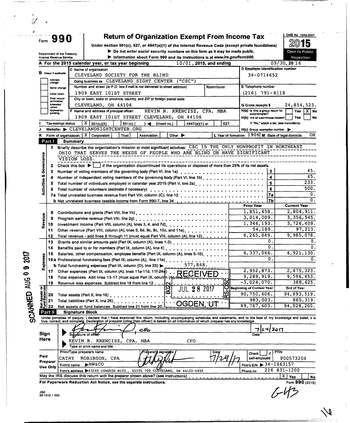 Image of first page of 2015 Form 990 for Cleveland Sight Center (CSC)