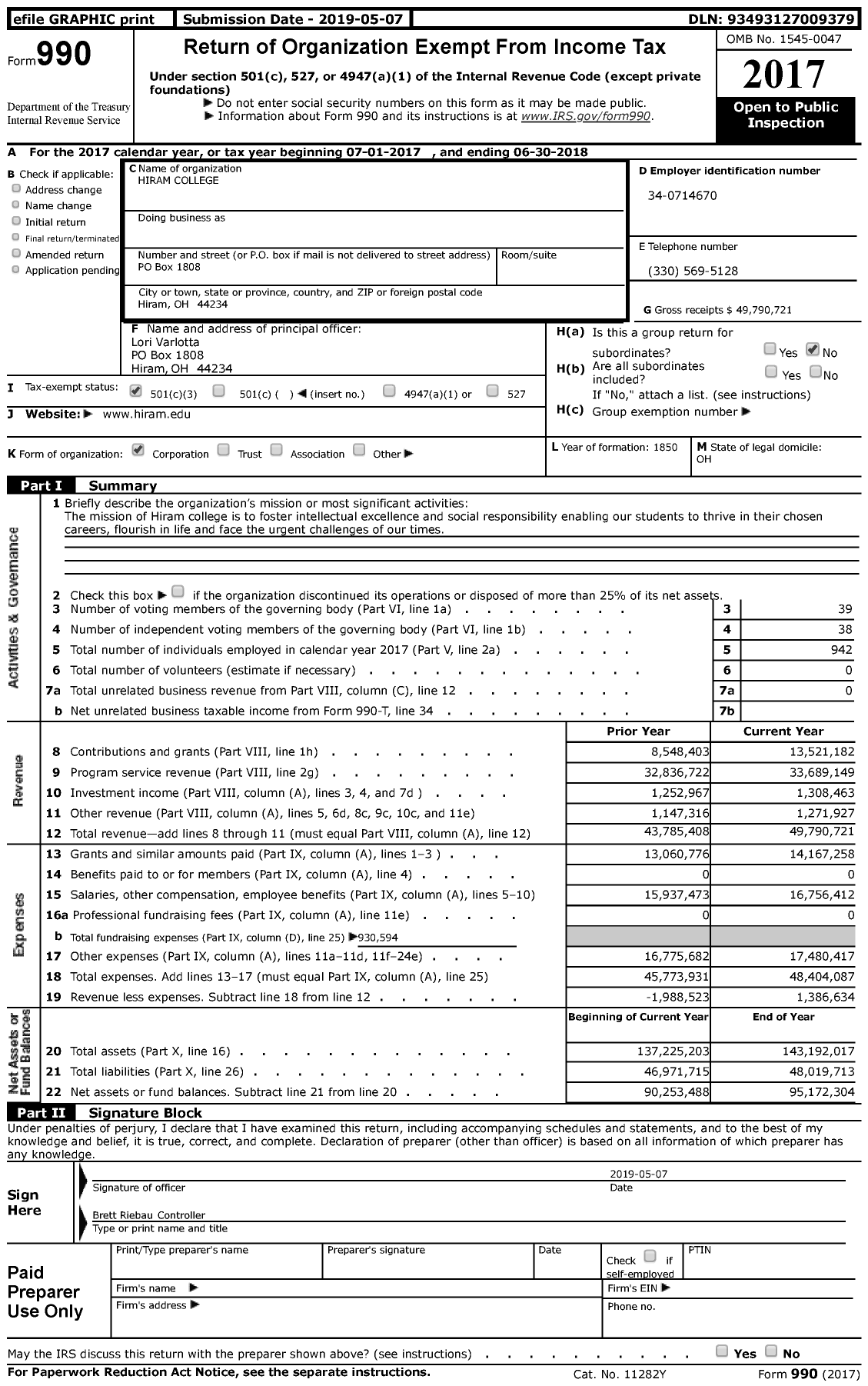 Image of first page of 2017 Form 990 for Hiram College