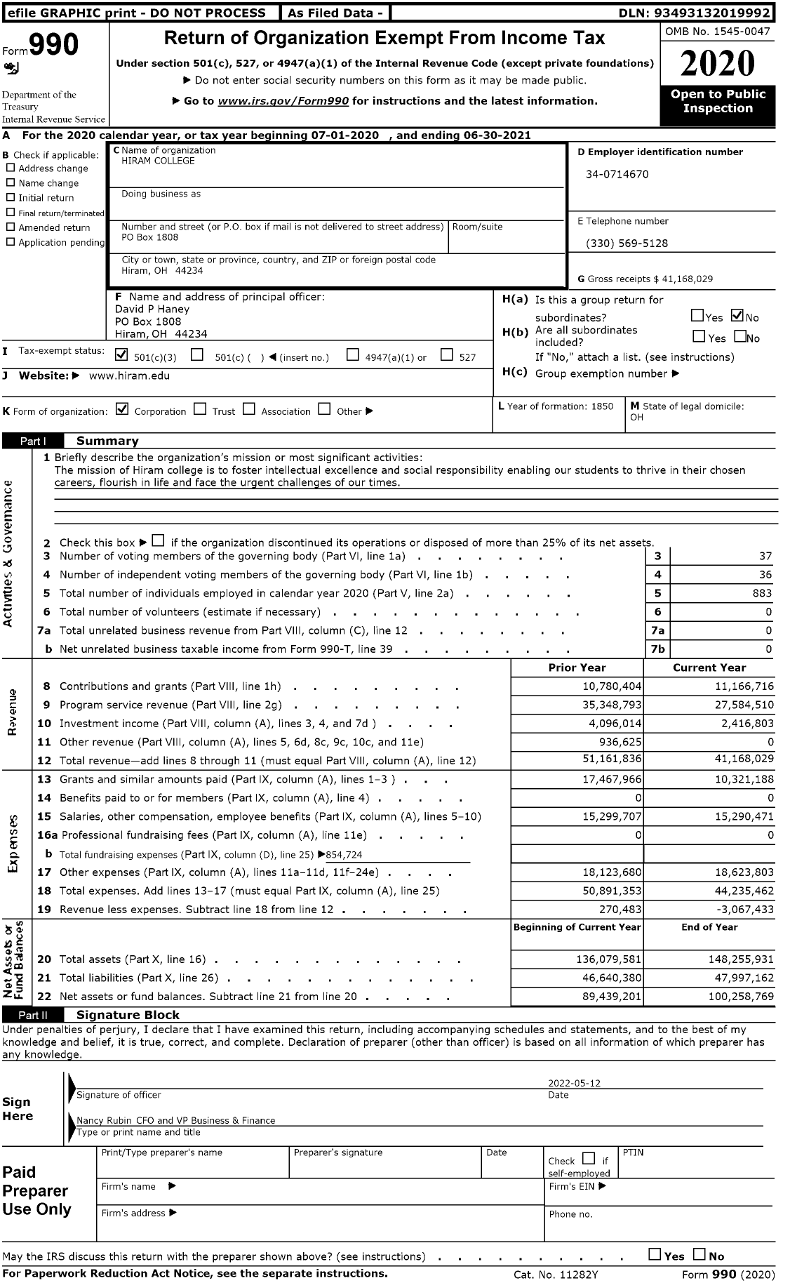 Image of first page of 2020 Form 990 for Hiram College