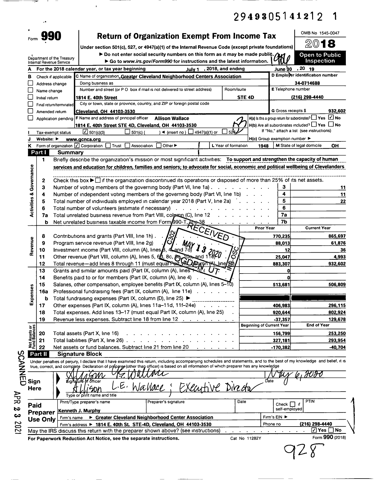 Image of first page of 2018 Form 990 for Greater Cleveland Neighborhood Centers Association