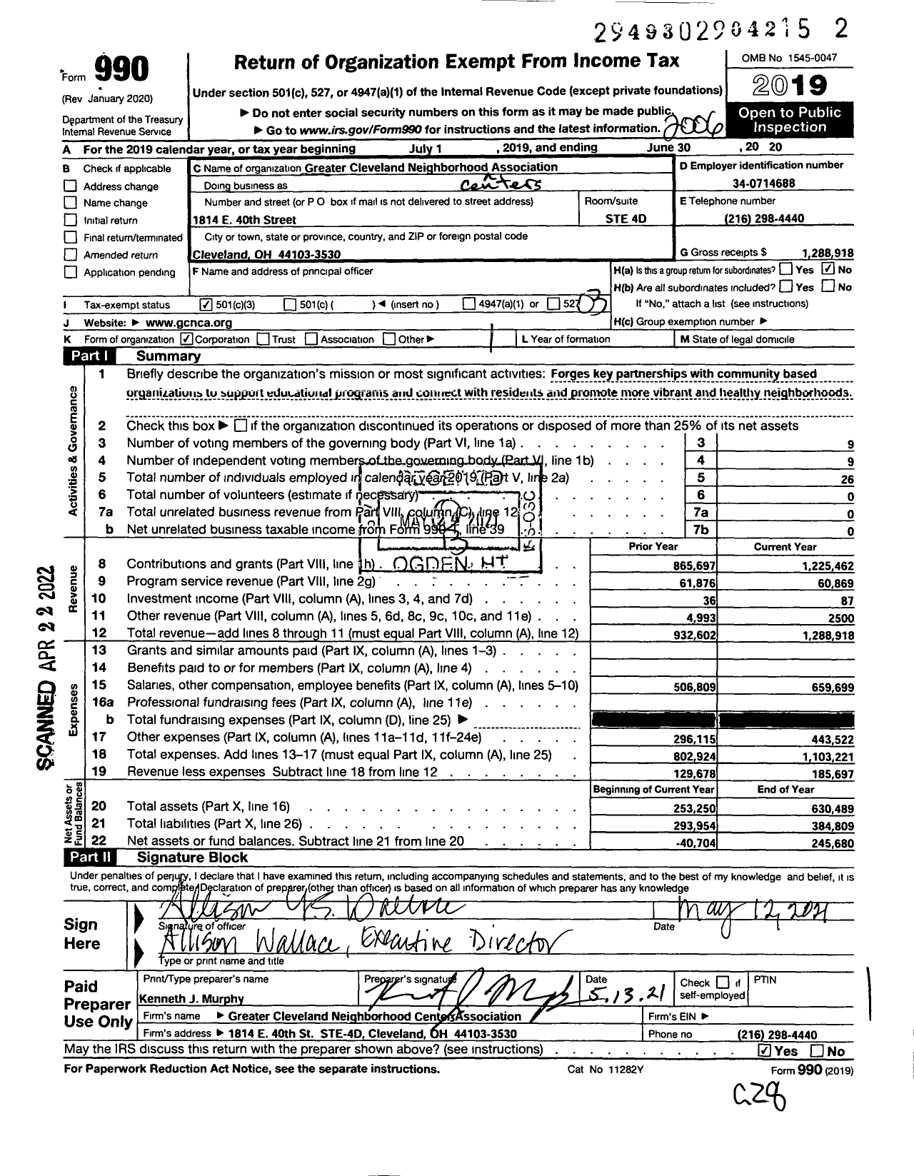 Image of first page of 2019 Form 990 for Greater Cleveland Neighborhood Centers Association