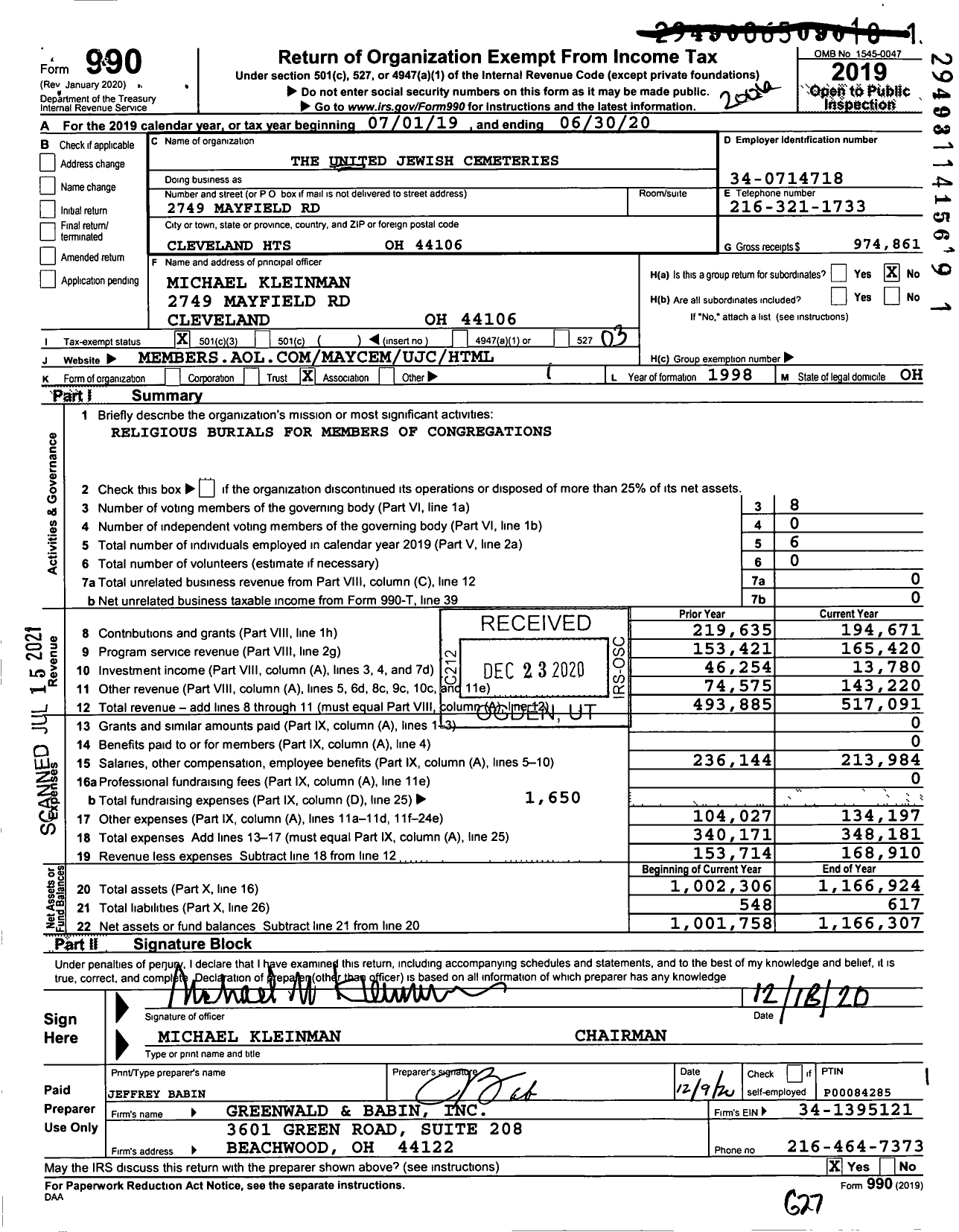 Image of first page of 2019 Form 990 for The United Jewish Cemeteries