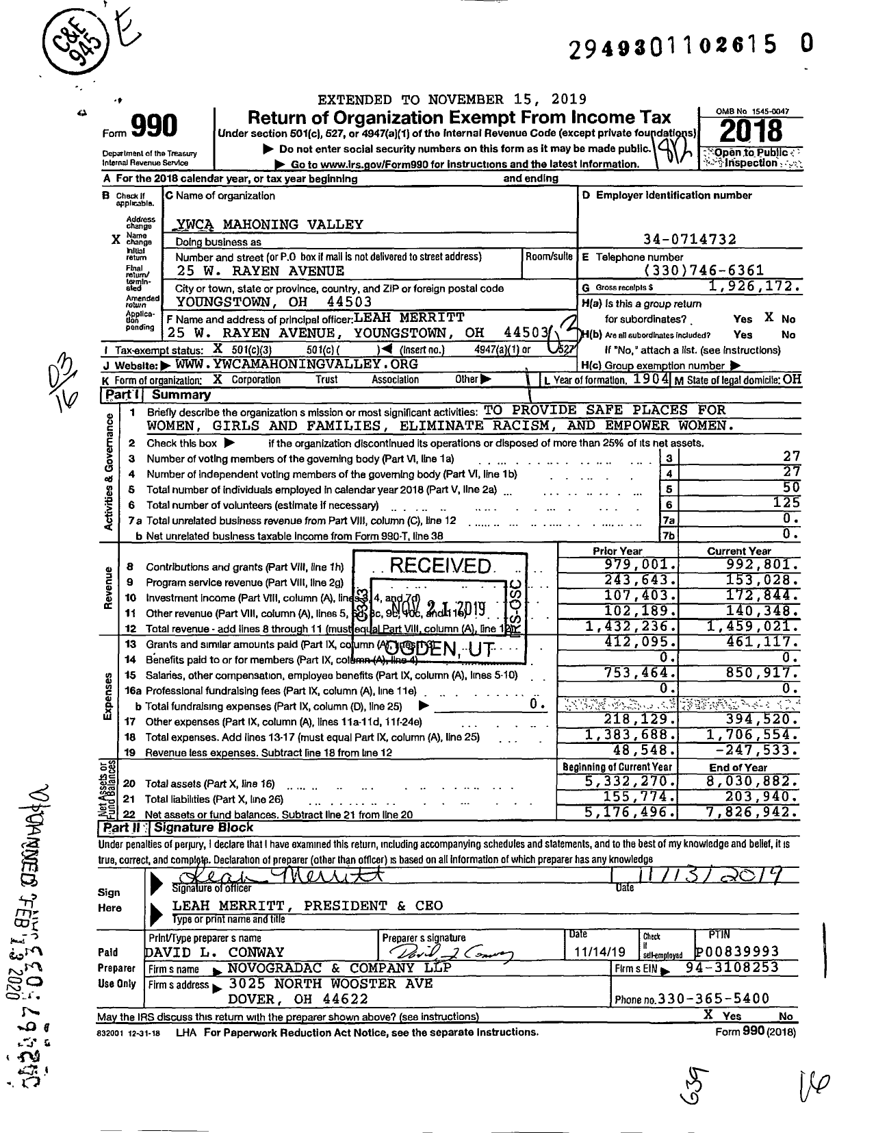 Image of first page of 2018 Form 990 for Ywca Mahoning Valley