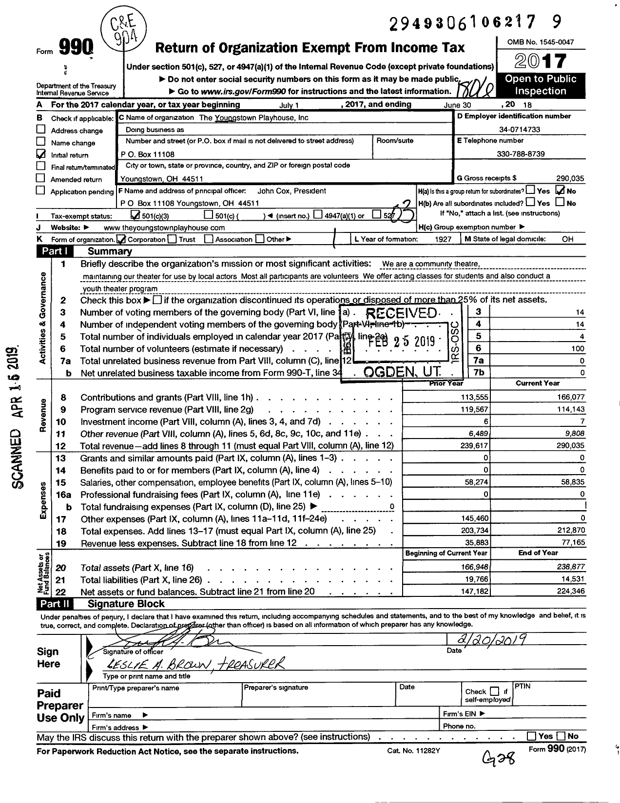 Image of first page of 2017 Form 990 for The Youngstown Playhouse