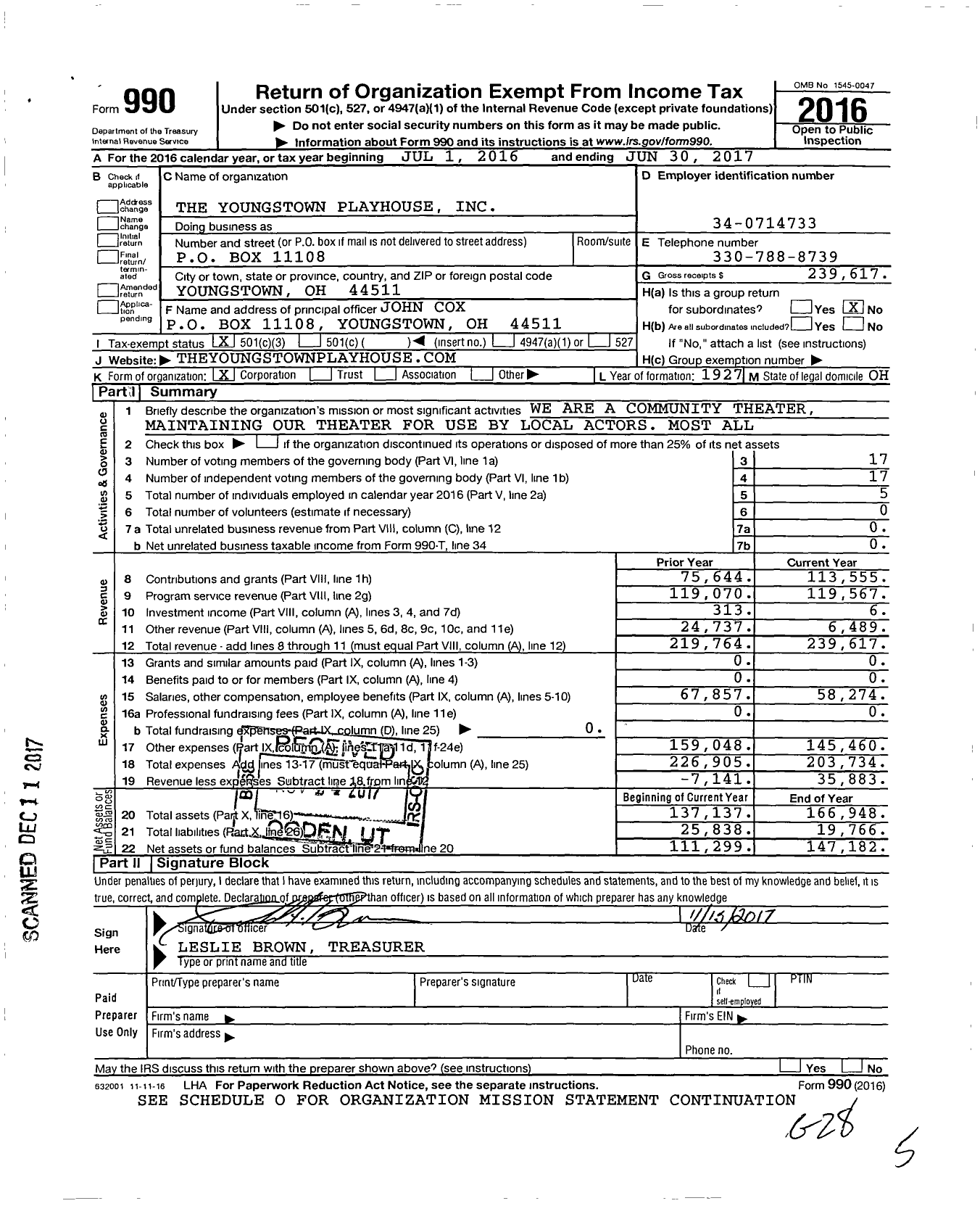 Image of first page of 2016 Form 990 for The Youngstown Playhouse