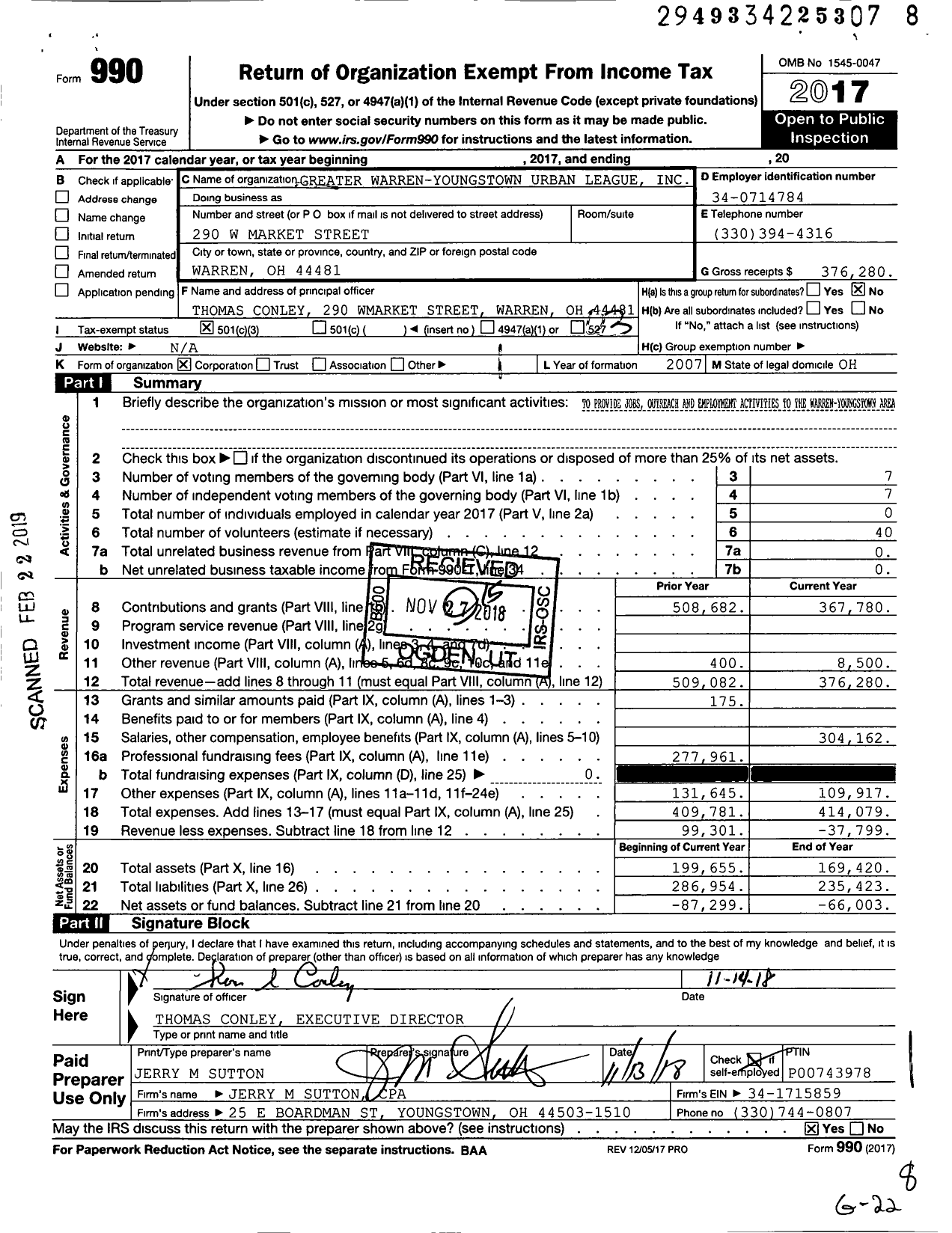 Image of first page of 2017 Form 990 for Greater Warren-Youngstown Urban League