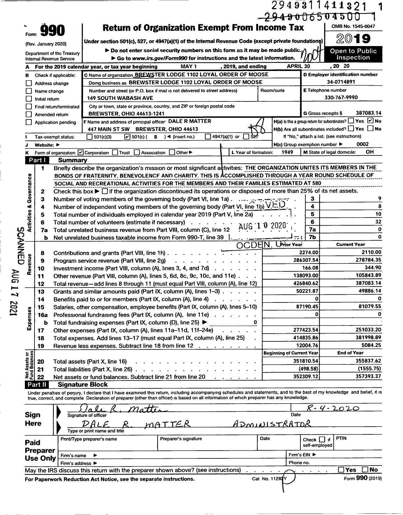 Image of first page of 2019 Form 990O for Loyal Order of Moose - 1102