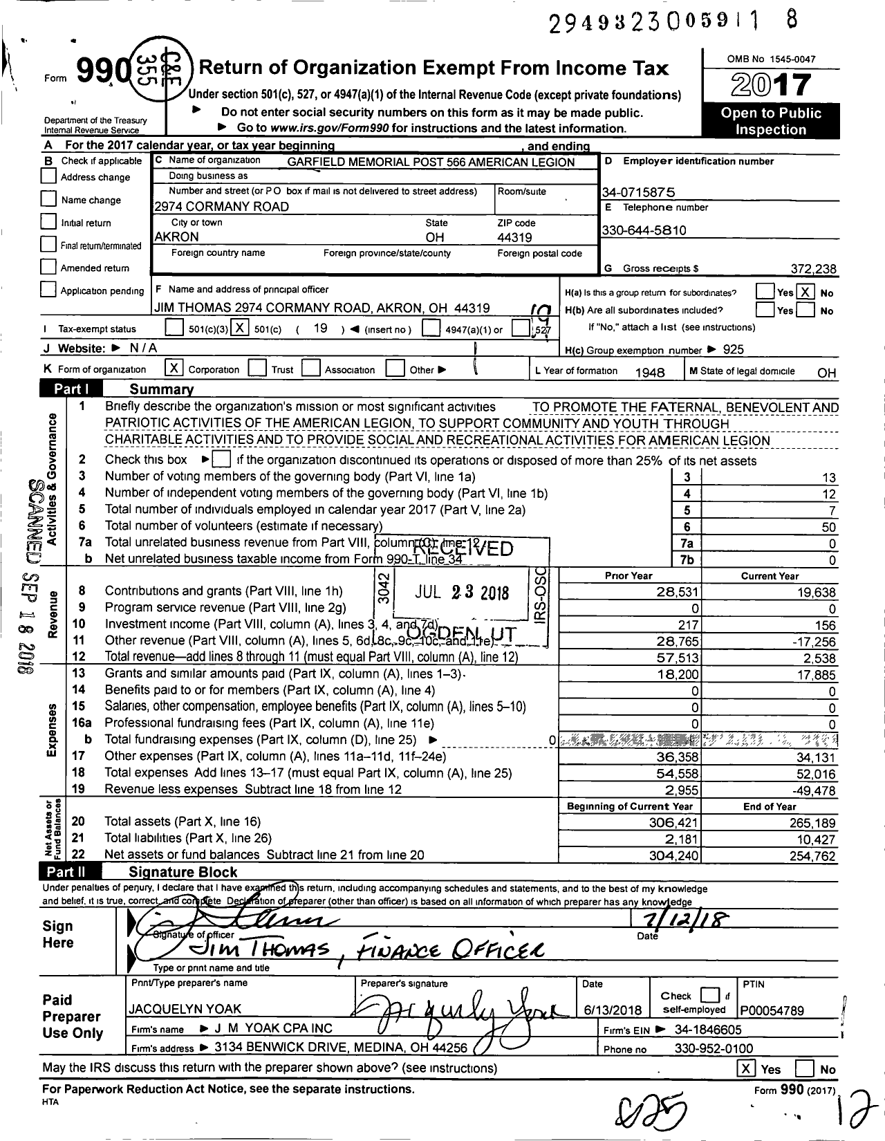 Image of first page of 2017 Form 990O for American Legion - 0566 Garfield Memorial