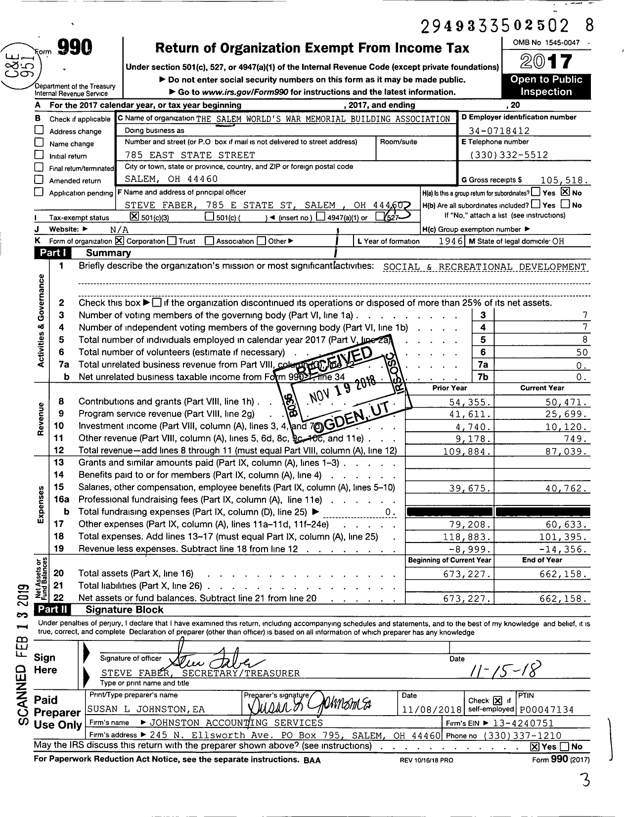 Image of first page of 2017 Form 990 for The Salem Worlds War Memorial Building Association
