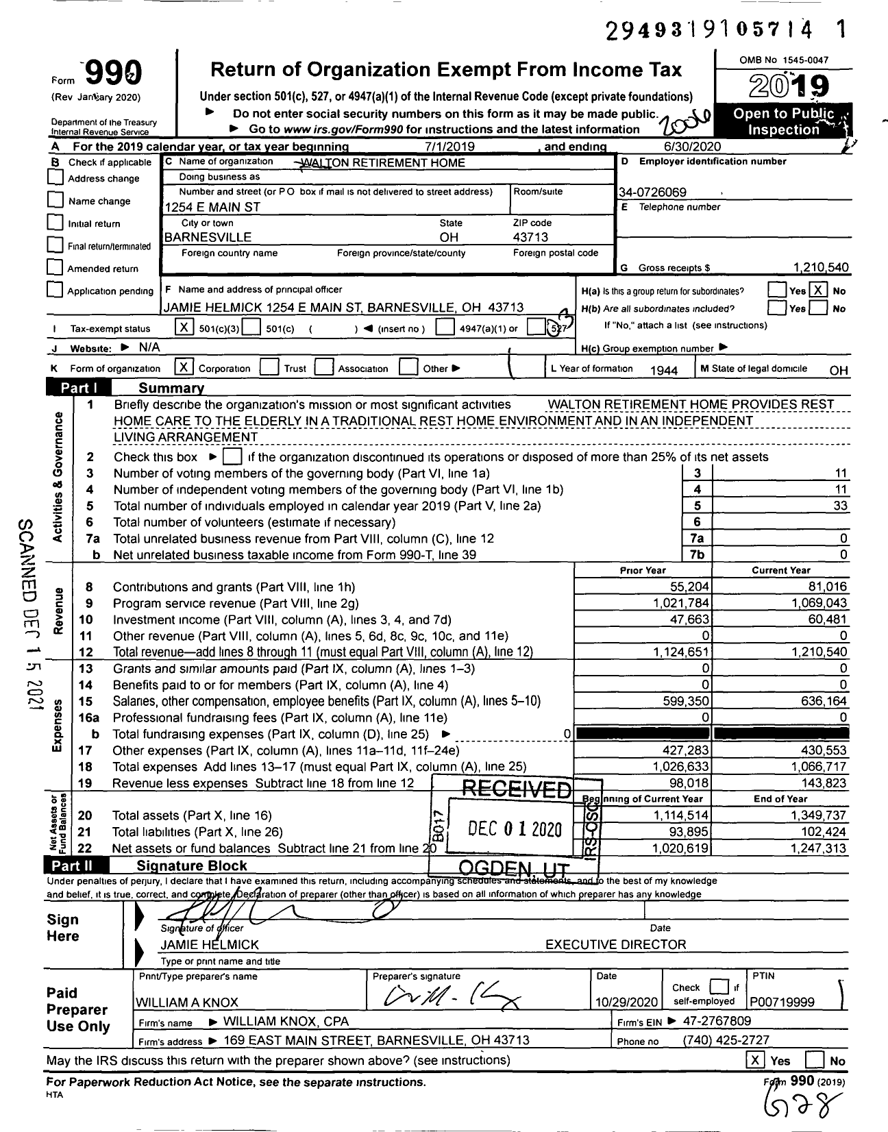 Image of first page of 2019 Form 990 for Walton Retirement Home