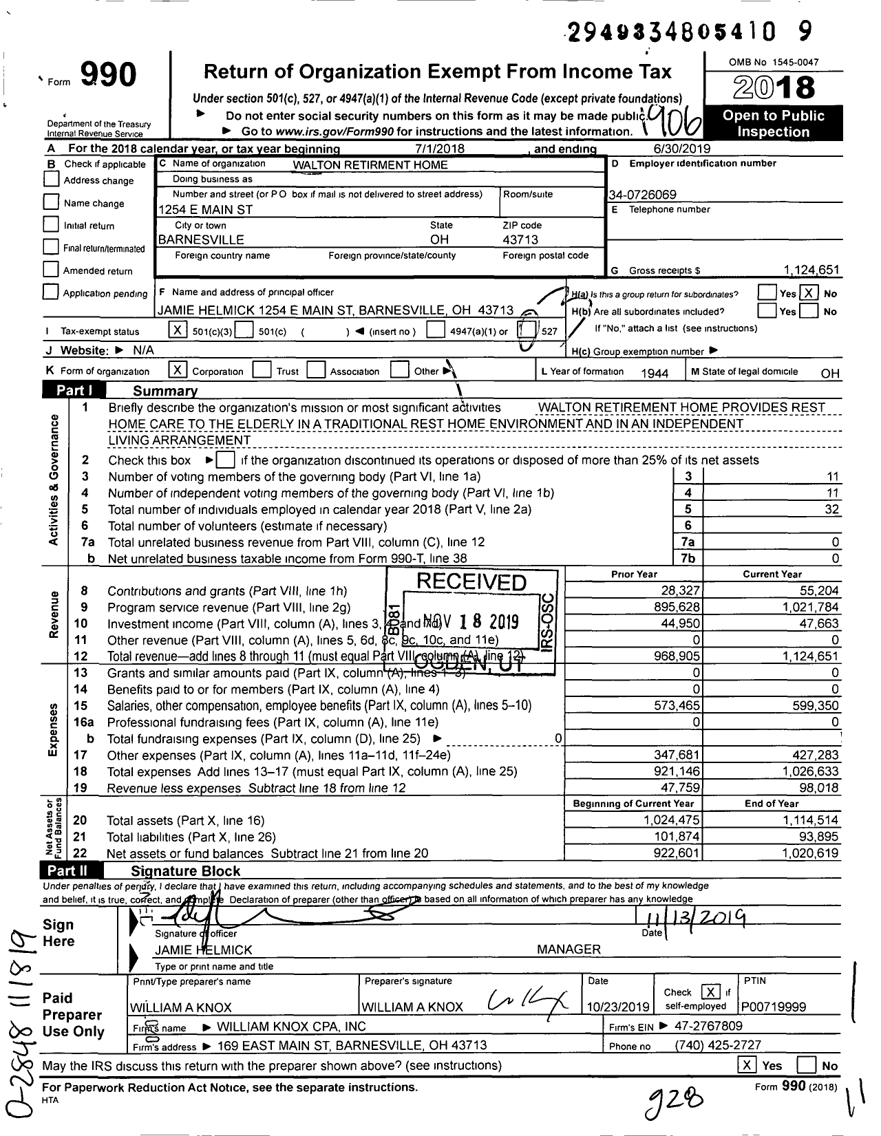 Image of first page of 2018 Form 990 for Walton Retirement Home