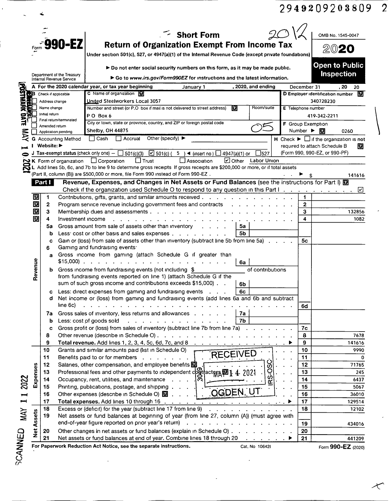 Image of first page of 2020 Form 990EO for United Steelworkers - Local Union 03057