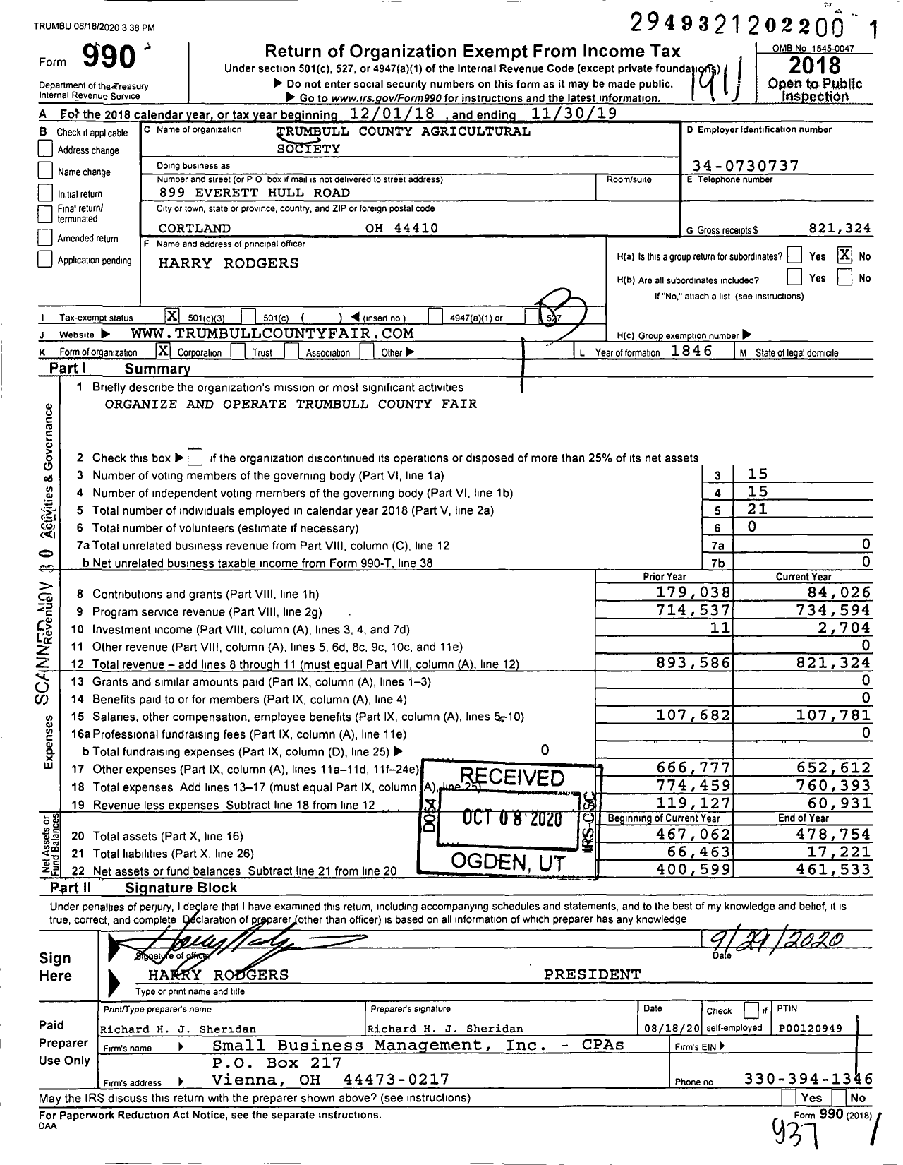 Image of first page of 2018 Form 990 for Trumbull County Agricultural Society