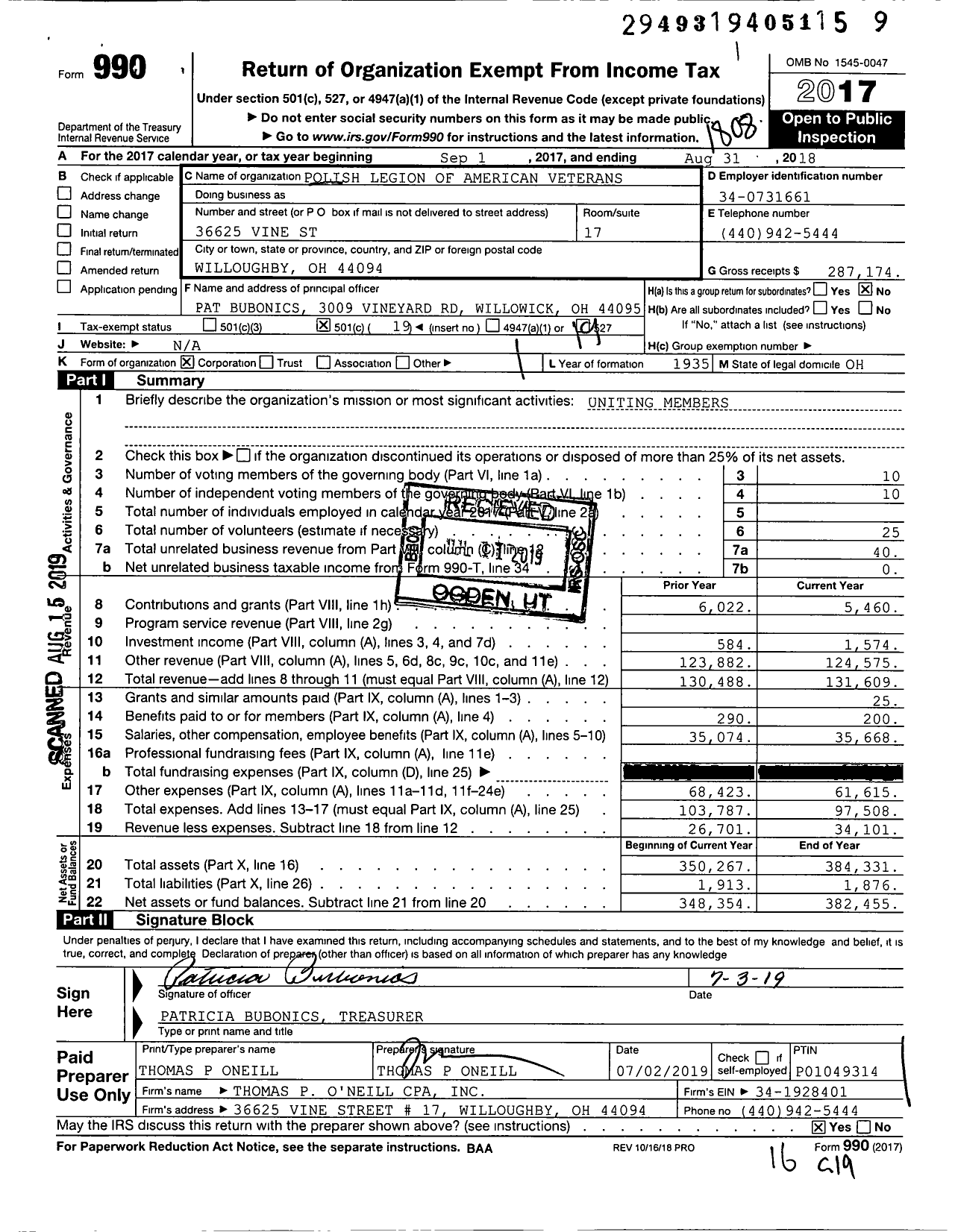 Image of first page of 2017 Form 990O for Polish Legion of American Veterans USA - 31 George Washington Post