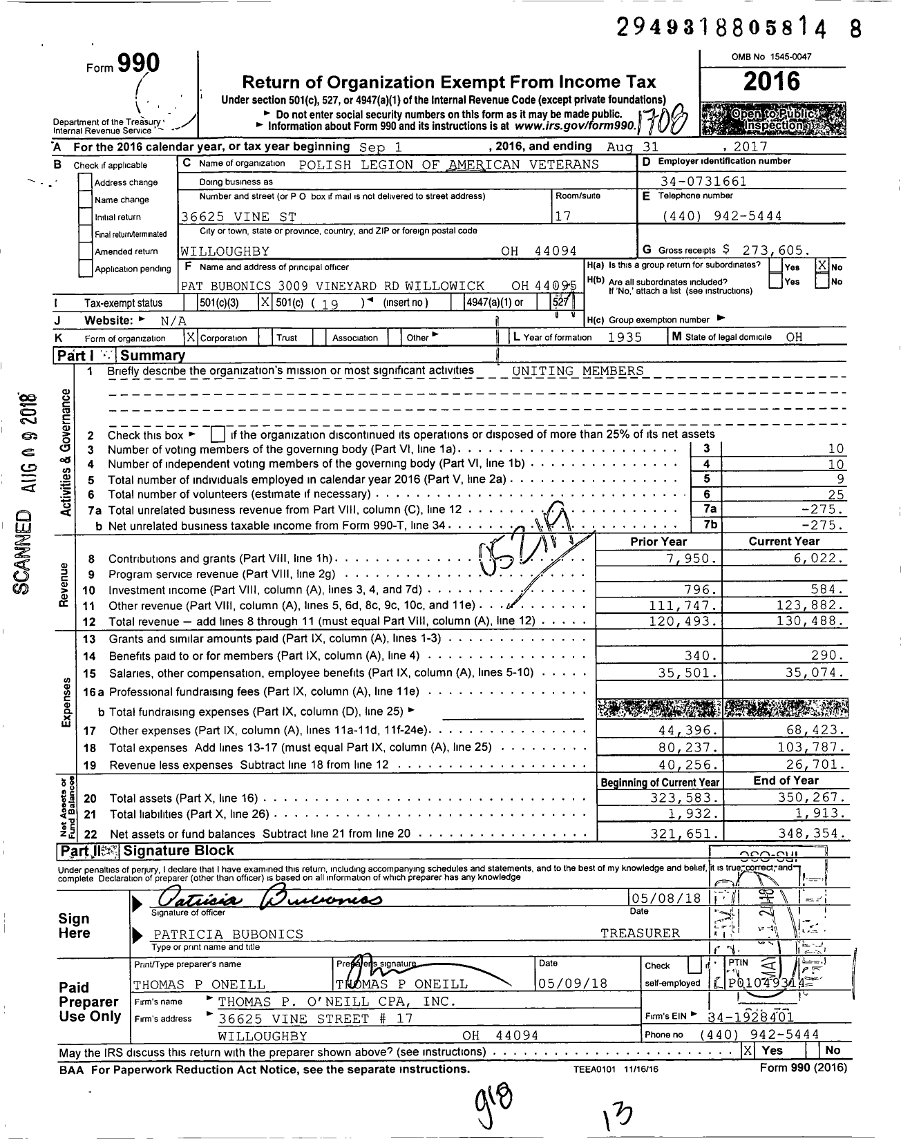 Image of first page of 2016 Form 990O for Polish Legion of American Veterans USA - 31 George Washington Post