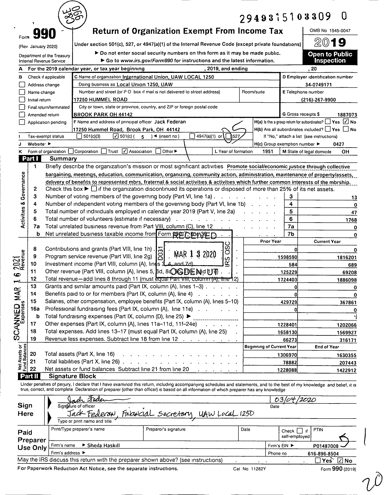 Image of first page of 2019 Form 990O for UAW - Local Union 1250 UAW