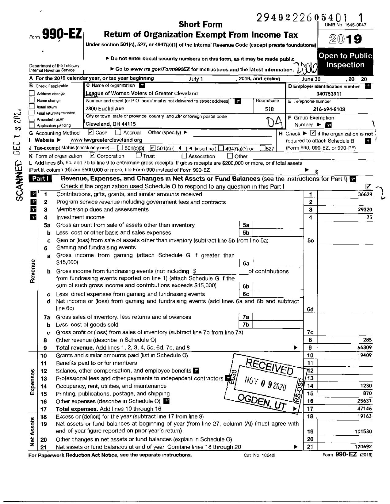 Image of first page of 2019 Form 990EO for League of Women Voters of Ohio / Greater Cleveland