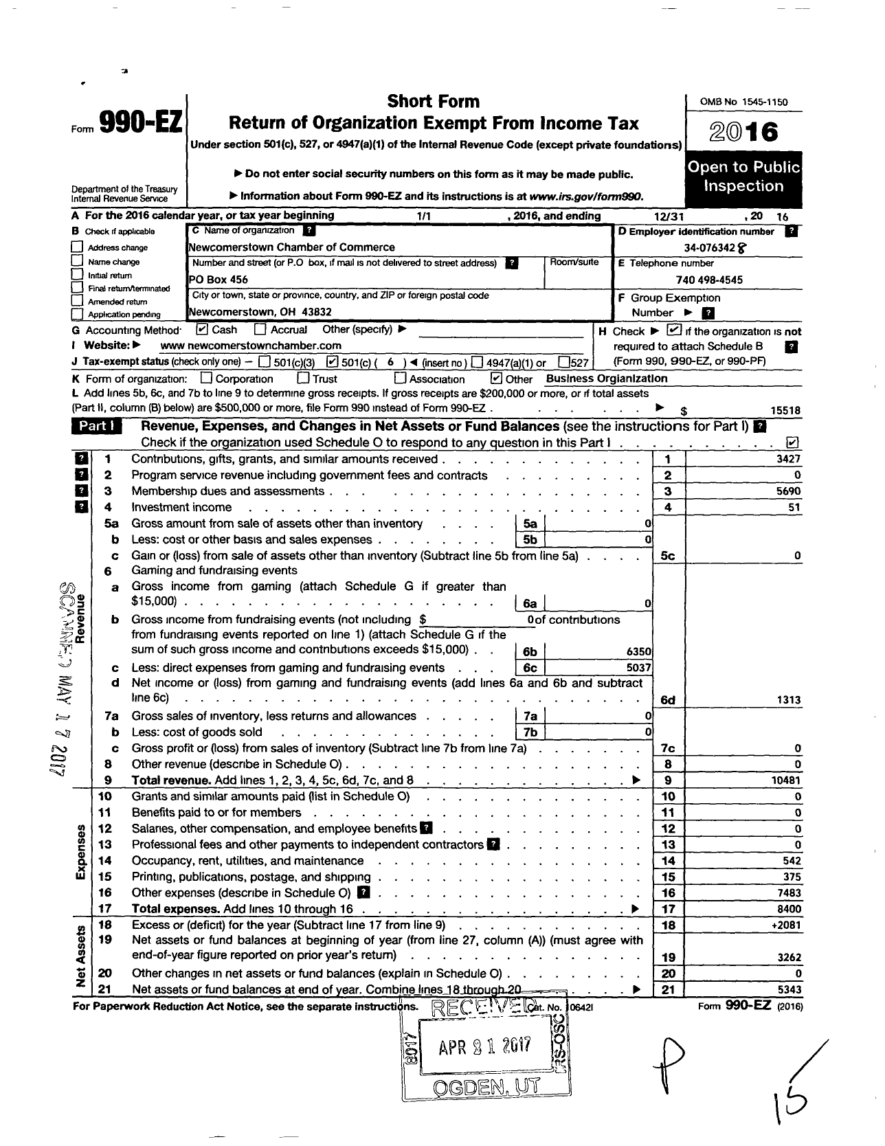 Image of first page of 2016 Form 990EO for Newcomerstown Chamber of Commerce