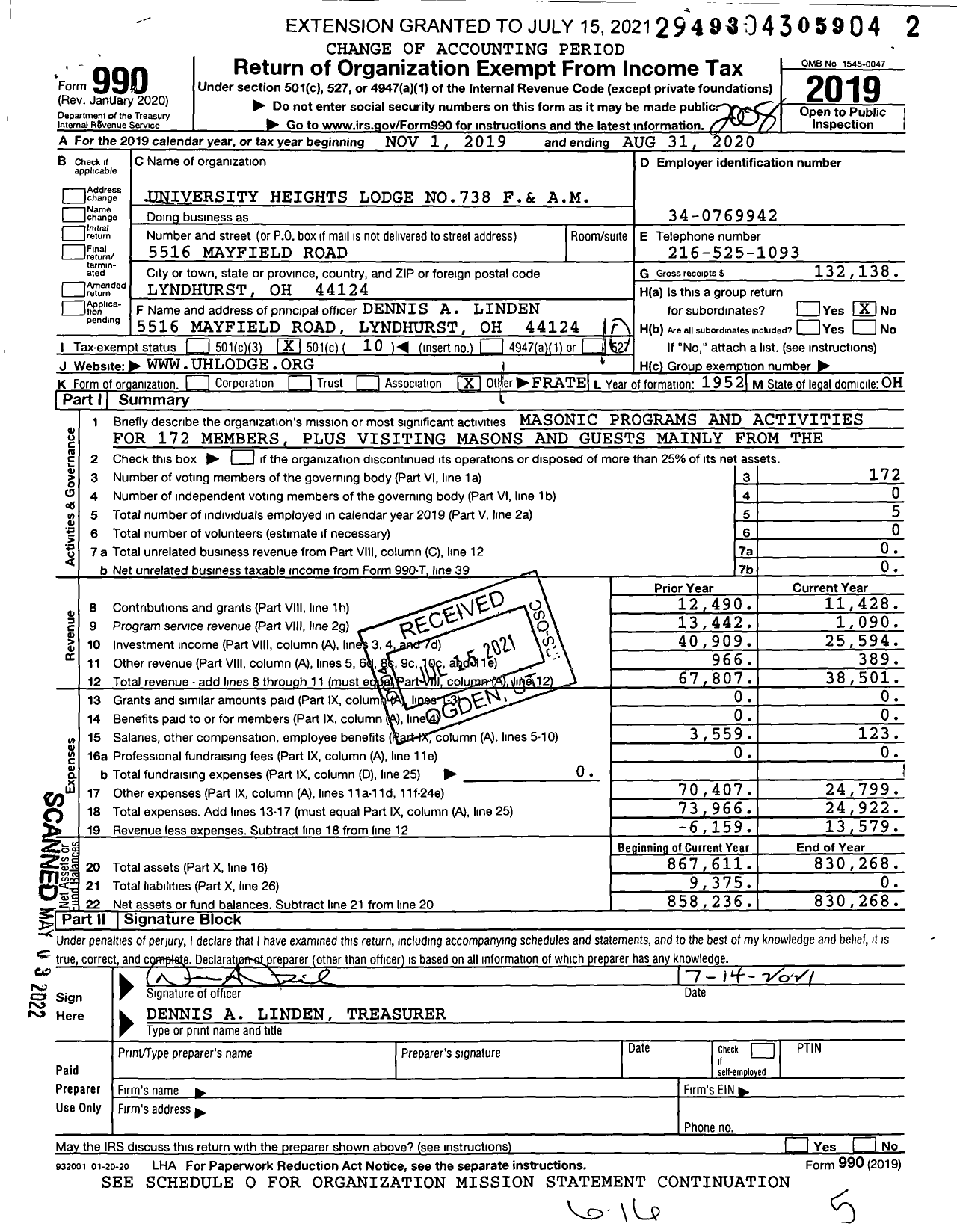 Image of first page of 2019 Form 990O for Free & Accepted Masons of Ohio - 738 University Heights Lodge