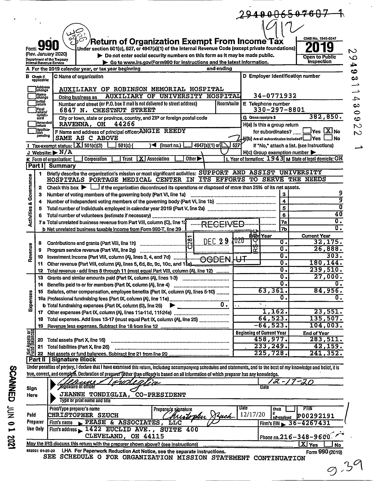 Image of first page of 2019 Form 990 for The Auxiliary of University Hospitals Portage Medical Center