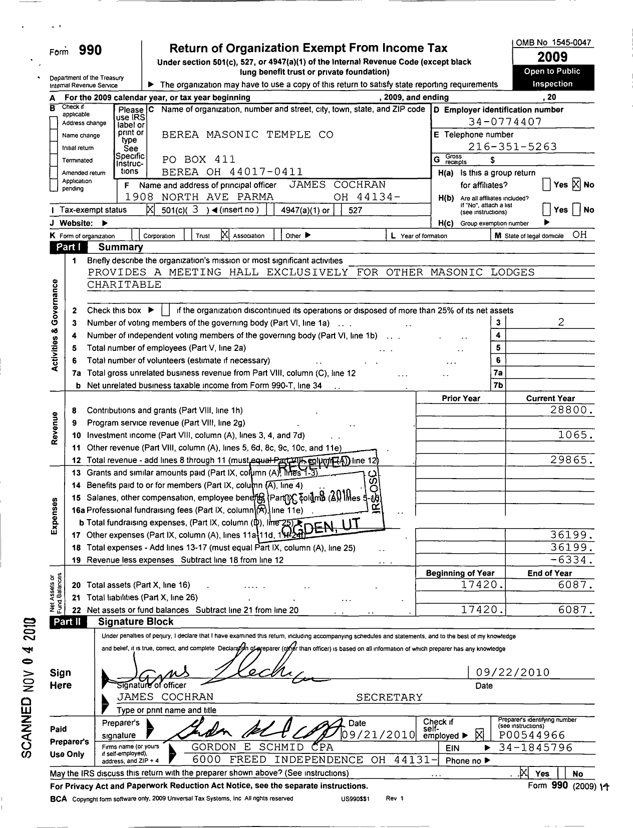 Image of first page of 2009 Form 990 for Berea Masonic Temple Company