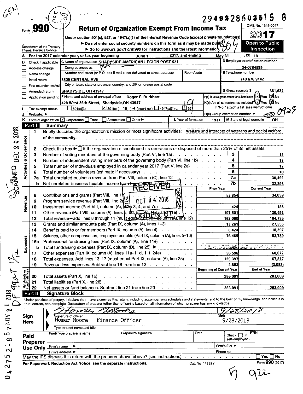 Image of first page of 2017 Form 990O for Shadyside American Legion Post 521