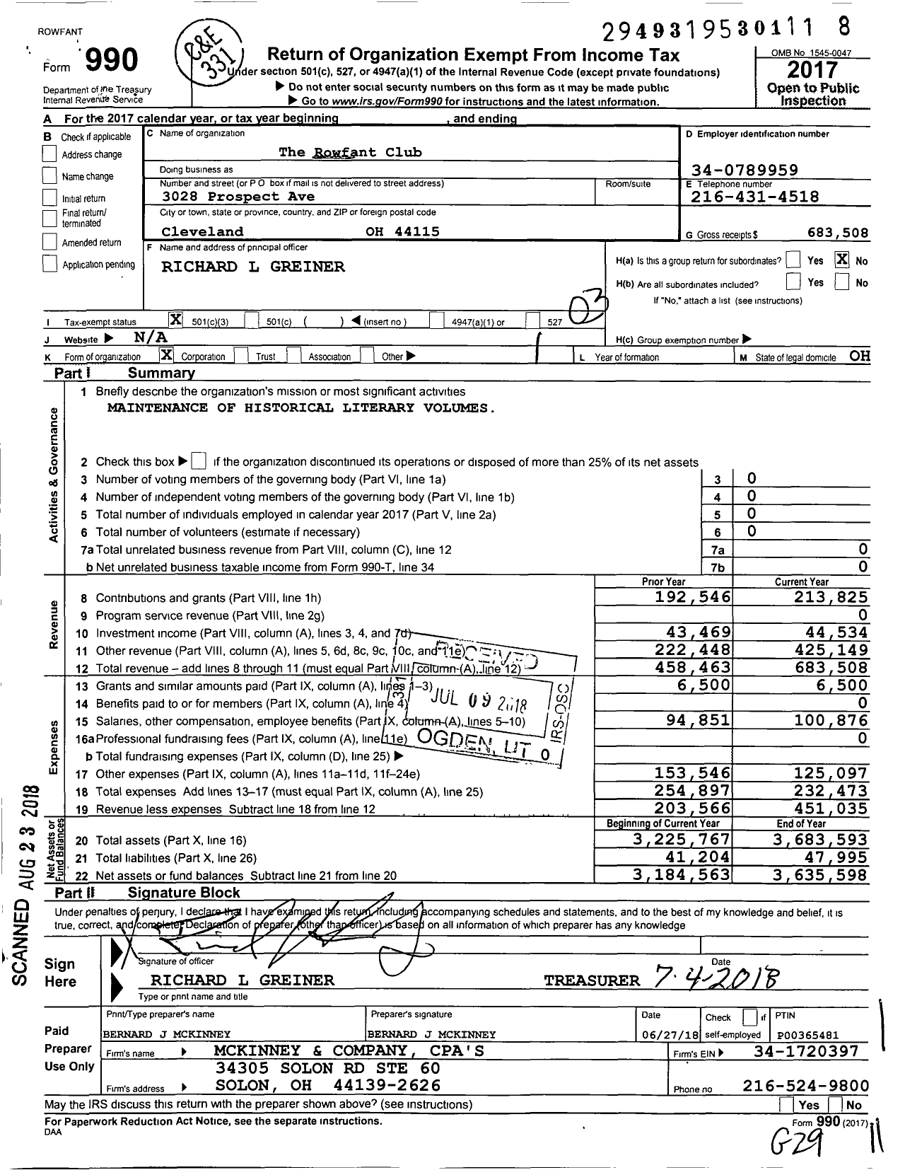 Image of first page of 2017 Form 990 for The Rowfant Club