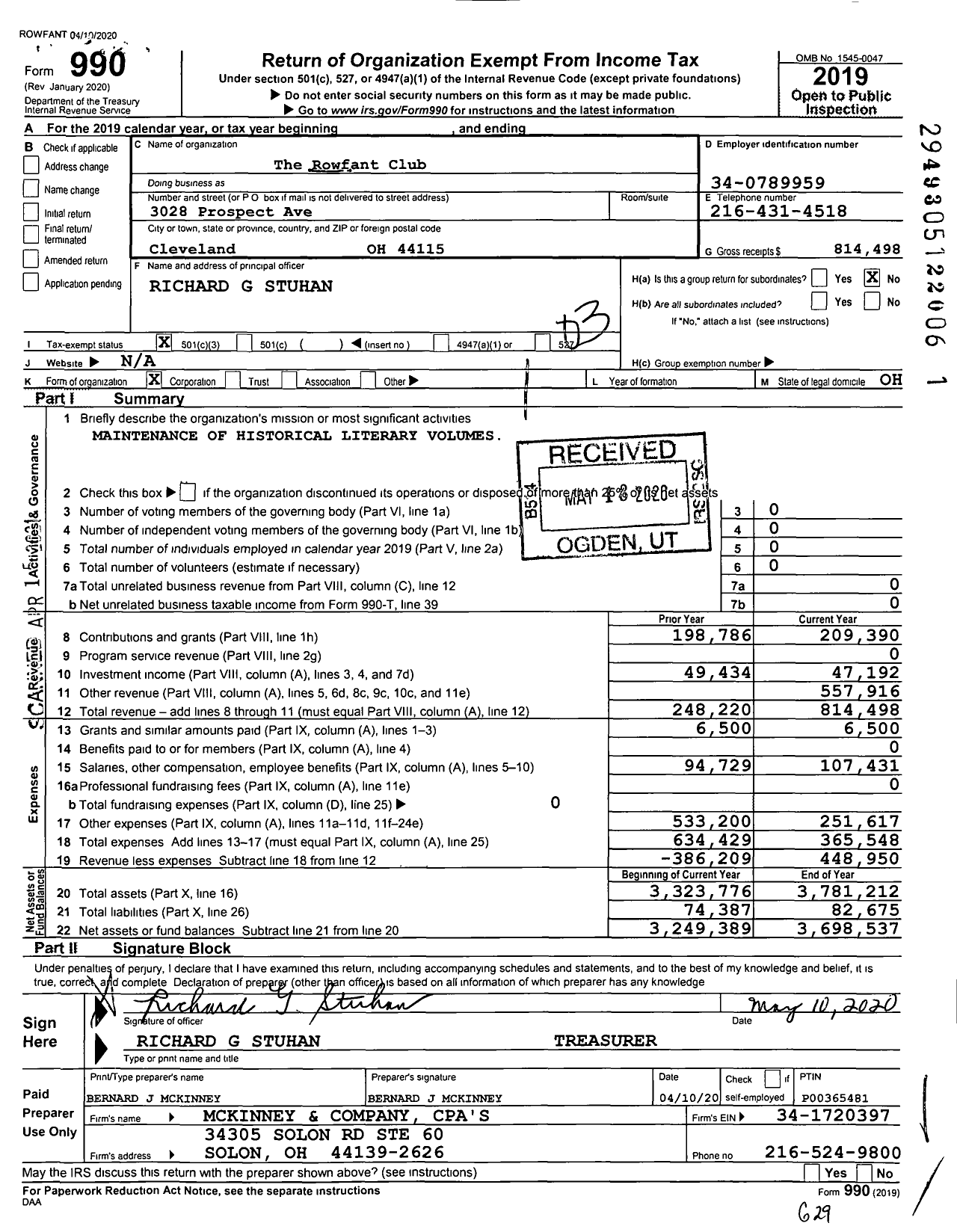 Image of first page of 2019 Form 990 for The Rowfant Club