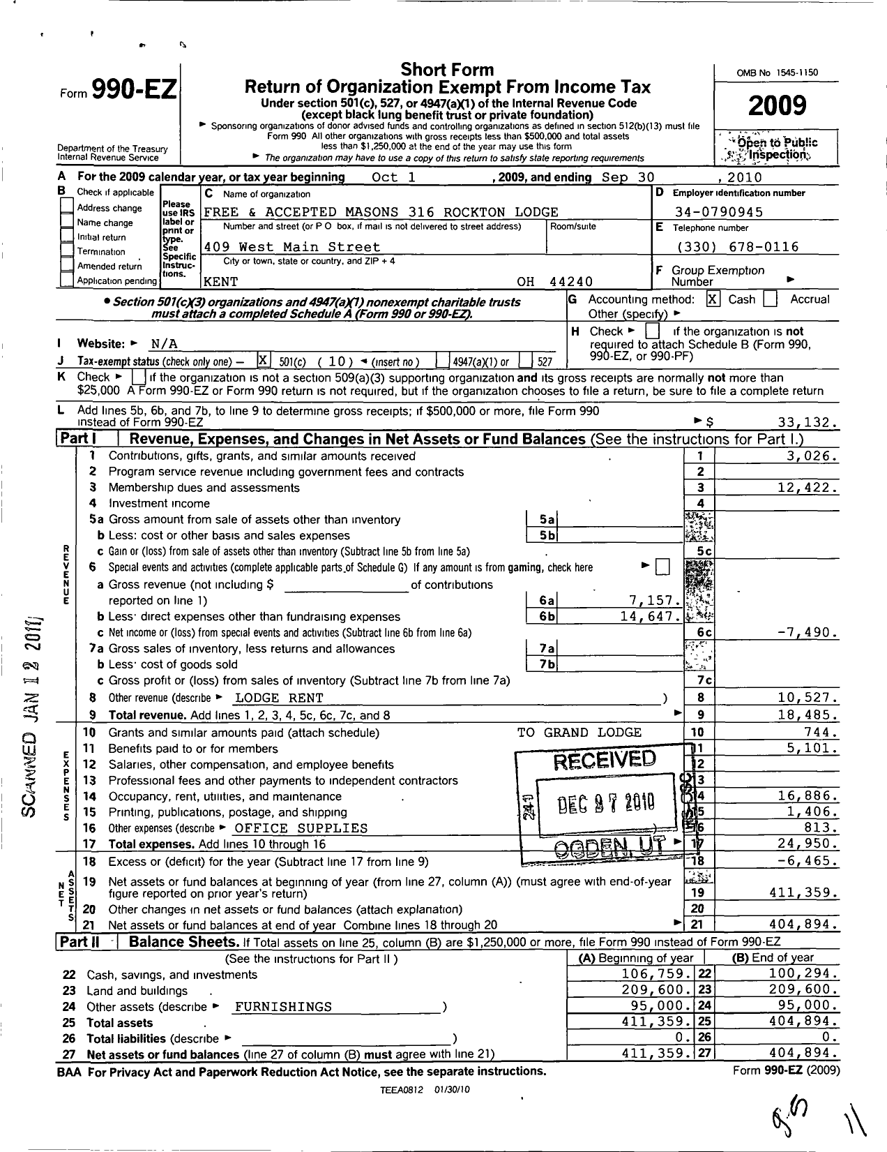 Image of first page of 2009 Form 990EO for Rockton Lodge 316