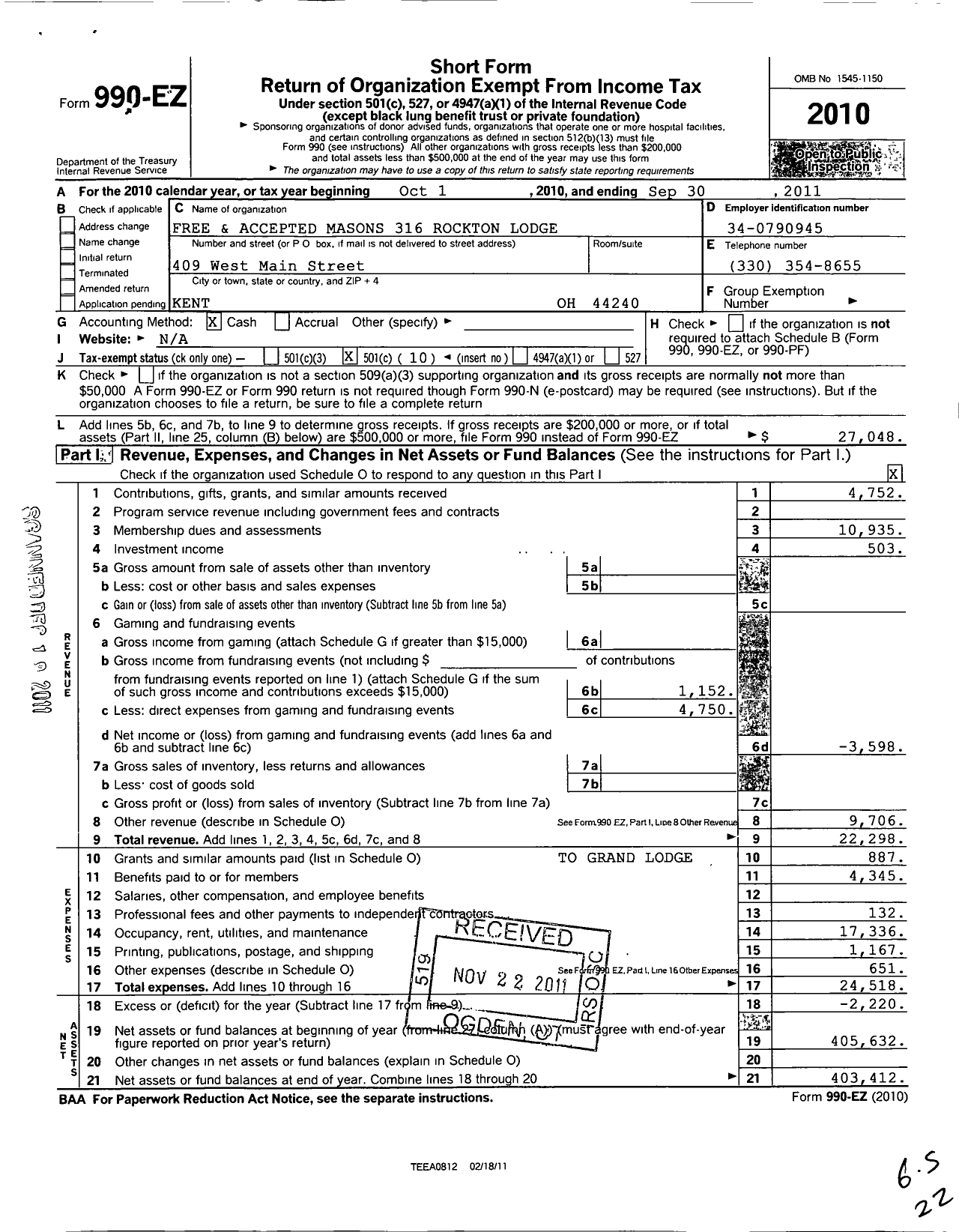 Image of first page of 2010 Form 990EO for Rockton Lodge 316