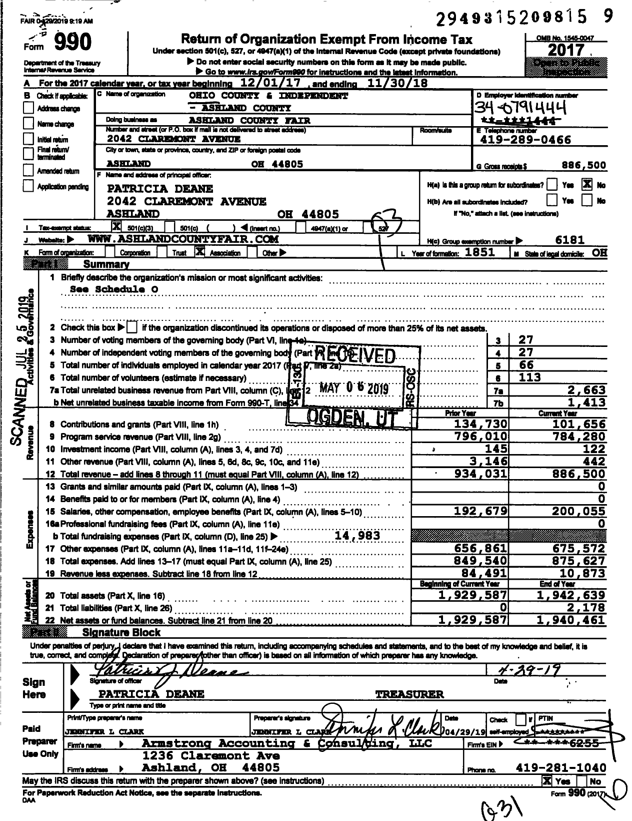 Image of first page of 2017 Form 990 for Ashland County Fair