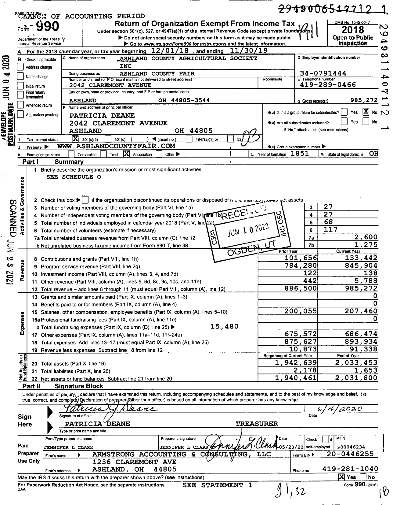 Image of first page of 2018 Form 990 for Ashland County Fair