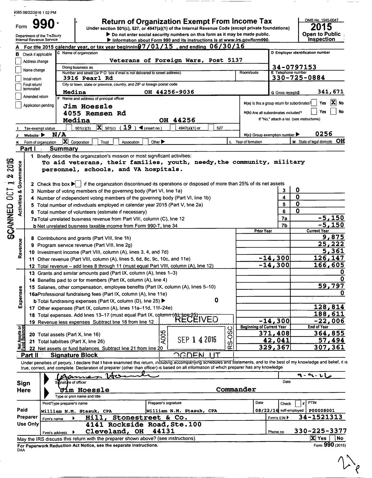 Image of first page of 2015 Form 990O for Ohio VFW - Veterans of Foreign Wars Post 5137
